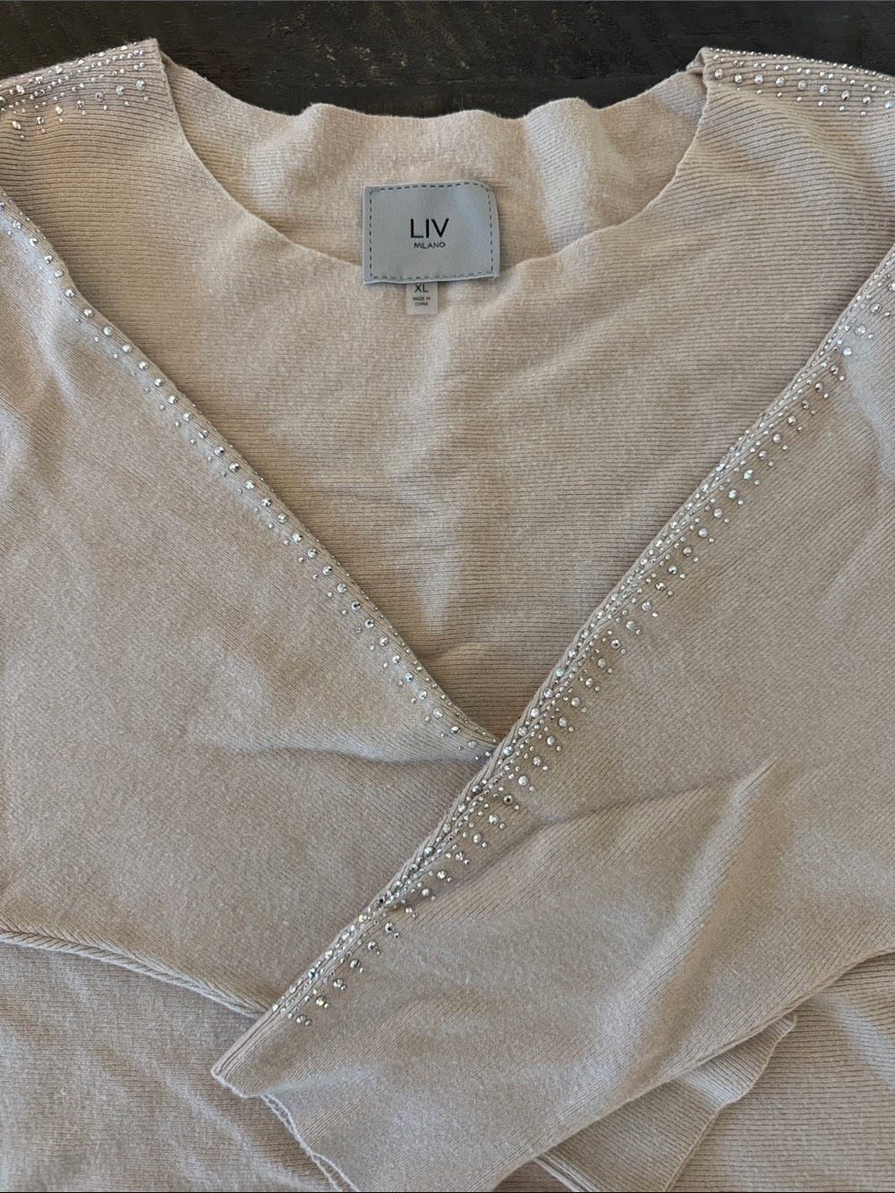 Milano LIV Beige V-Neck Sweater with Crystal Trim